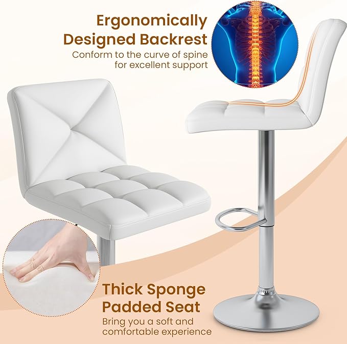 COSTWAY Bar Stools Set of 2, Modern PU Leather Swivel Bar Chairs, Height Adjustable Upholstered Barstools with Premium Gas Rod, Sturdy Footrest, Round Base, for Kitchen, Dining Room, Office,White
