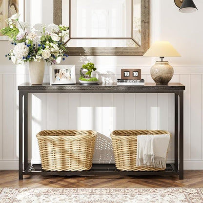 47" Console Table with Storage, 2 Tier Narrow Entryway Table, Sofa Table with Mesh Shelves, Console Tables for Living Room, Bedroom, Hallway, Entryway, Foyer, Oak Grey