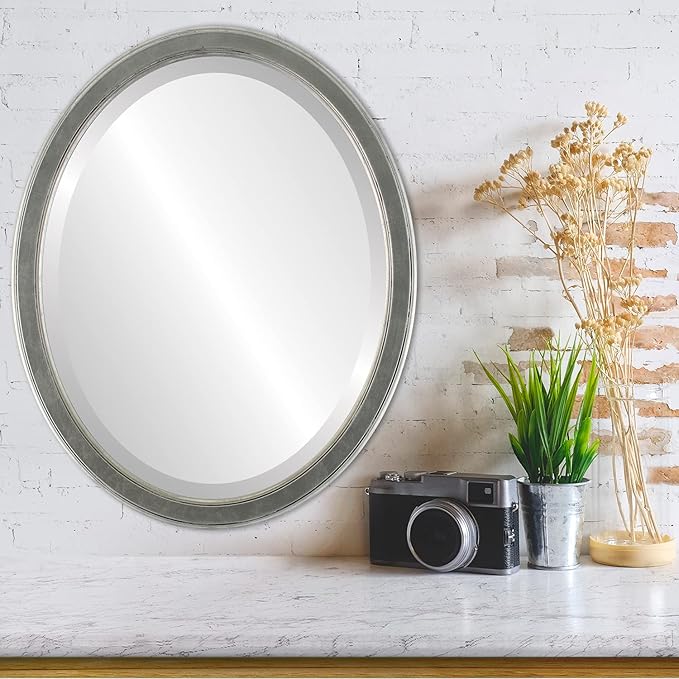 OVALCREST Oval Beveled Wall Mirror for Home Decor - Toronto Style - Silver Leaf with Black Antique - 22" x 18"