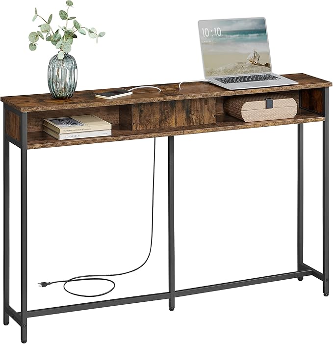 VASAGLE 55.1-Inch Console Table with Outlet and Shelves, Sofa Table with Charging Station, Behind Couch Table Skinny, Entryway Table for Hallway, Living Room, Rustic Brown and Ink Black ULNT120K01