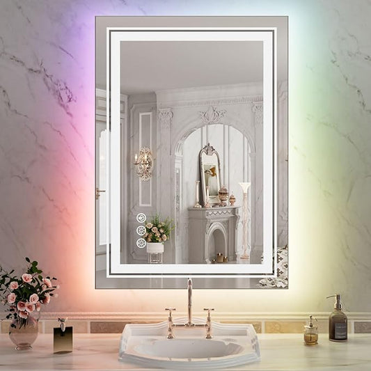 WTTY LED Bathroom Mirror 20"x28" with RGB Backlit and 3 Front Light,Stepless Dimmable LED Mirror for Bathroom,Lighted Bathroom Vanity Mirror for Wall,Anti-Fog,Memory Function,Shatter-Proof