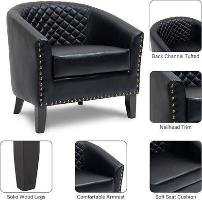 Pia Ricco Faux Leather Barrel Accent Chairs Set of 4, Modern Club Arm Chair Comfy Upholstered Single Sofa Chair with Solid Wood Legs and Nailhead Trim for Living Room/Reading Room, Black