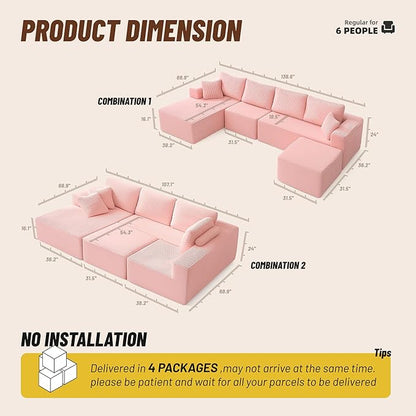 138" Boneless Couch with Deep Seat, Modular Sectional Sofa, Cloud Sectional Couch for Living Room, No Assembly Required, Corduroy, U-Shape 4 Seater Left, Pink