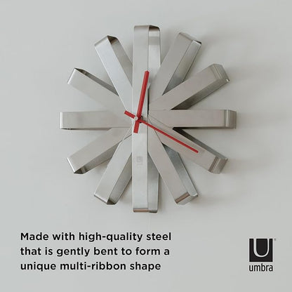 Umbra Ribbon Modern 12-inch Wall Clock, Battery Operated Quartz Movement, Silent Non Ticking Wall Clock, Stainless Steel