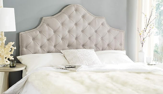Safavieh Arebelle Taupe Linen Upholstered Tufted Headboard - Silver Nailhead (Queen)