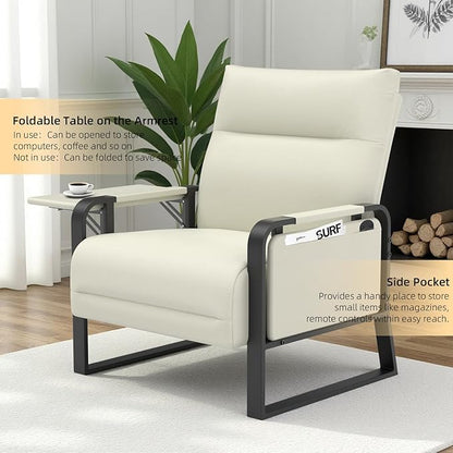 Faux Leather Accent Chairs Set of 2 with Flip Up Tray Tables Soft Backrest for Living Room Office Bedroom Modern Accent Chairs, Beige