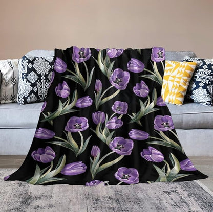 Purple Tulip Blanket Flower Gifts for Girls Women Tulip Floral Throw Blanket for Kids Adults Soft Warm Cozy Fleece Blanket for Couch Sofa Bed 40"x50"