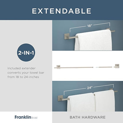 Franklin Brass Nash 4-Piece Bathroom Set Satin Nickel 18" Towel Bar w/ 6" Extender, Toilet Paper Holder, Hand Towel Holder, Hook | Bathroom Accessory Set Towel Holder Hardware NASH64-BN