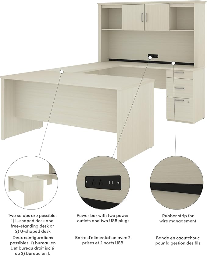 Bestar Logan 66W U or L-Shaped Executive Office Desk with Pedestal and Hutch in White Chocolate