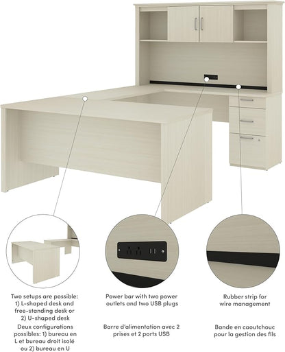 Bestar Logan 66W U or L-Shaped Executive Office Desk with Pedestal and Hutch in White Chocolate