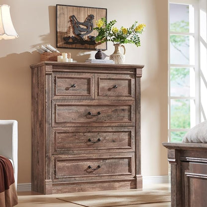 Farmhouse 5 Drawers Dresser for Bedroom, 46" Tall Dressers & Chests of Drawers w/Roman Column, Large Storage Dressers Organizer for Bedroom, Hallway, Living Room, Light Brown