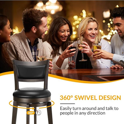 PrimeZone Swivel Bar Stools Set of 1, 30 Inch Bar Height Barstools, Black Faux Leather Bar Stool with High Backrest & Solid Wood Legs & Wrap-Around Footrest, Counter Stools for Kitchen Island, Pub