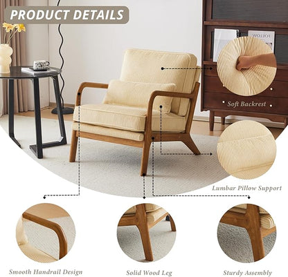 Karl home Mid-Century Modern Accent Chair, Living Room Chairs with Pillow Corduroy Upholstered Lounge Armchair with Solid Wood Frame & Soft Cushion for Bedroom, Reading Room, Beige & Yellow