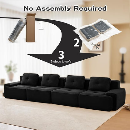 150.4” Black Boneless Couches for Living Room, Modular Sectional Sofa, 4 Seater Comfy Upholstered Deep Seat Corduroy Fabric Cloud Couch No Assembly, Anti-Slip Design