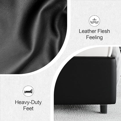 Twin Bed Frame with LED Lights, Faux Leather Upholstered Platform with Silver Wingback Headboard, Modern Style, No Box Spring Needed, Easy Assembly, Black