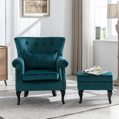 chairus Mid-Century Modern Accent Chairs with Ottoman Set of 2, Comfy Velvet Single Sofa Chair Button Tufted Wingback Armchairs with Pillow for Living Room/Bedroom/Club - Teal