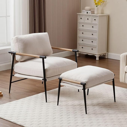 LukeAlon Mid-Century Chenille Accent Chair with Ottoman, Soft Living Room Chair with Metal Legs Modern Upholstered Armchair Reading Nook Chair Lounge Leisure Chair with Footstool for Bedroom, Beige