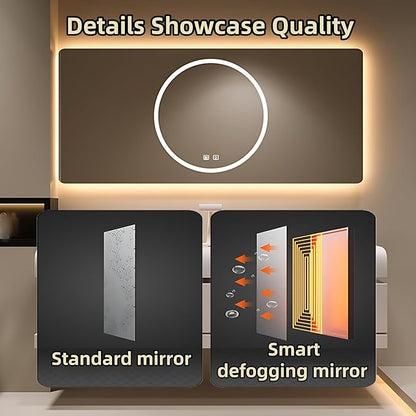 64IN Bathroom Vanity with Sink - Bathroom Cabinet Set has 2 Drawers & Overflow Hole Wall Mounted | LED Practical Defogging Mirror, Open Compartments, Seamless Rock Slab Basin (Khaki)