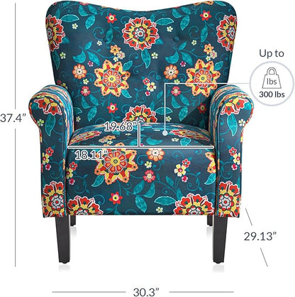 BELLEZE Modern Accent Chair for Living Room, High Back Linen Armchair with Wooden Legs, Upholstered Wingback Side Chair Padded Armrest Single Sofa for Living Room, Bedroom - Allston (Blue & Flower)