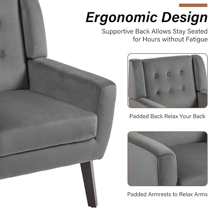 Lumibee Accent Chairs Set of 2, Velevet Fabric Armchairs for Living Room, Comfy Upholstered Arm Chairs Tufted for Indoor Bedroom Office Room (Gray Velvet)