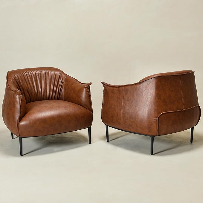 KINWELL 33" W Faux Leather Barrel Chairs Set of 2 with Hand-Tufted Pleated Back Flared Arms, Modern PU Upholstered Accent Chairs with Metal Legs, Large Armchairs Lounge Chairs for Living Room, Brown