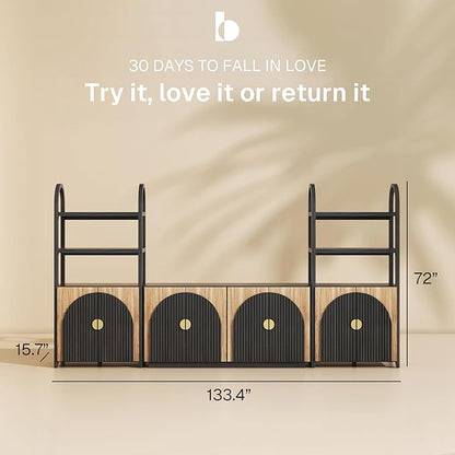 BELLEZE 4-Piece Modular Arched TV Stand Entertainment Center Set, Mid Century Modern 2 Piece 72″ Tall Storage Cabinets and 2 Piece 65″ Fluted TV Console for Living Room (Camel)