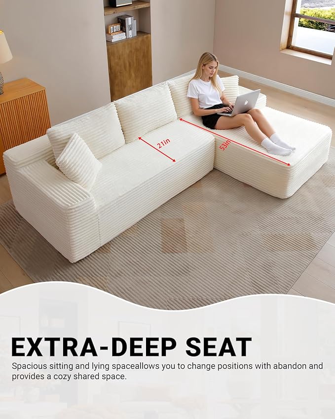 108 Inch Cloud Sectional Couch,Modern Modular Sectional Sofa with Deep Seat,Corduroy Boneless Couches with L-Shape Chaise for Living Room,No Assembly Required (Beige, Right Facing Chaise)