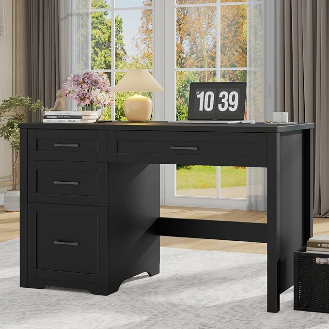 Vabches Farmhouse 47" Executive Desk with File Drawer, Wood Computer Desk with 3 Storage Drawers, Workstation for Home Office, Study, Writing(Black)