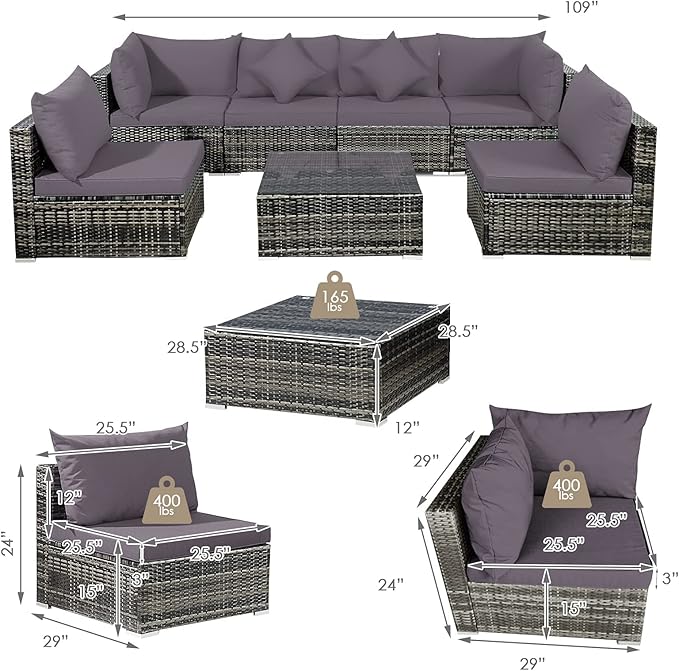 Tangkula 7 Pieces Patio Rattan Furniture Set, Patiojoy Outdoor Conversation Set with Cushions and Tempered Glass Coffee Table, All-Weather Sectional Sofa Set for Garden, Lawn, Backyard (Grey)