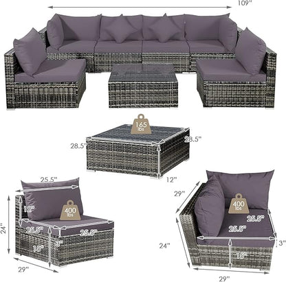 Tangkula 7 Pieces Patio Rattan Furniture Set, Patiojoy Outdoor Conversation Set with Cushions and Tempered Glass Coffee Table, All-Weather Sectional Sofa Set for Garden, Lawn, Backyard (Grey)