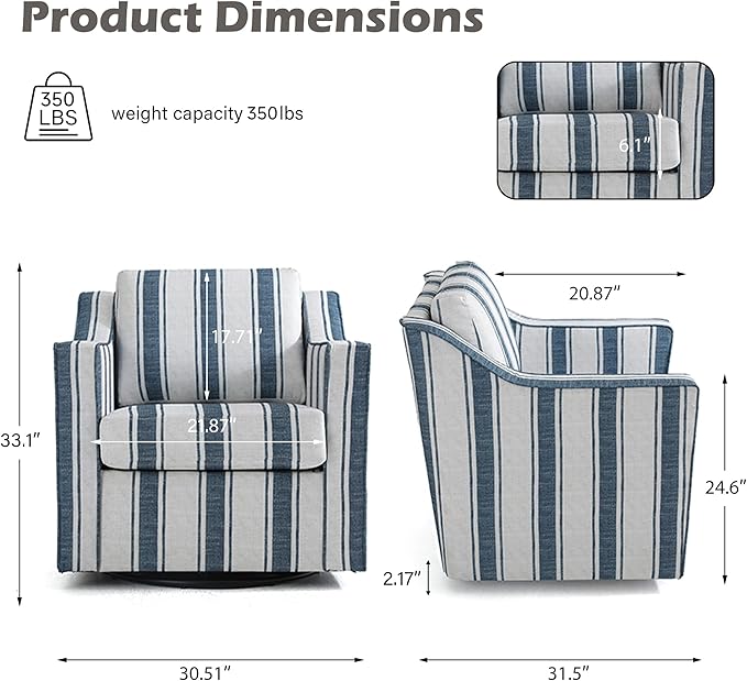 UIXE Swivel Accent Chair, Stripe Fabric Upholstered Arm Chair for Living Room, Modern Club Armchair Comfy Single Sofa Bedroom Reading Seat with Lumbar Pillow - Navy Blue