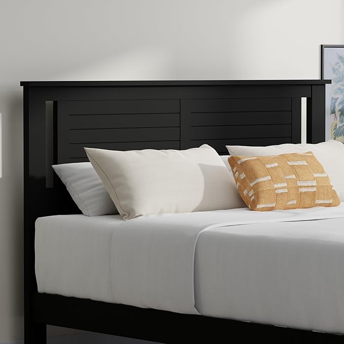 Serene Farmhouse Style Wood Bed in Queen Size with Horizontal Scoring Headboard, Coastal Modern Design, Sturdy, Easy Assembly, Ample Underbed Storage, Black Finish