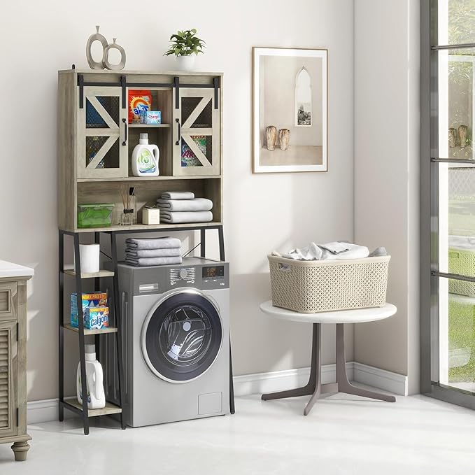 Over The Toilet Storage Cabinet, Farmhouse Storage Cabinet Over Toilet with 2 Sliding Barn Door，Home Space-Saving Toilet Rack, for Bathroom, Restroom, Laundry.(Grey)