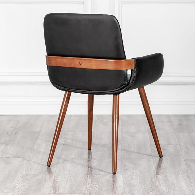 LUNLING Mid Century Modern Faux Leather Dining Chairs Set of 2, Black, Upholstered Seat, Metal Legs, Adjustable Foot for Kitchen Dining Room Desk Chairs