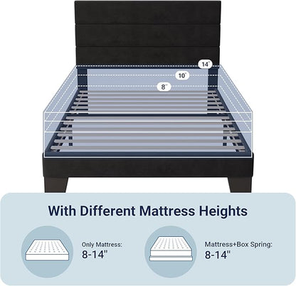 Allewie Twin Size Platform Bed Frame with Velvet Upholstered Headboard and Wooden Slats Support, Fully Upholstered Mattress Foundation/No Box Spring Needed/Easy Assembly, Black