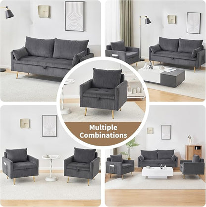 Furnimart Storage Accent Chair with Arm, Mid-Century Corduroy Sofa Chair with Removable Cushion, Reading Chair for Bedroom, Living Room, Apartment, Gray