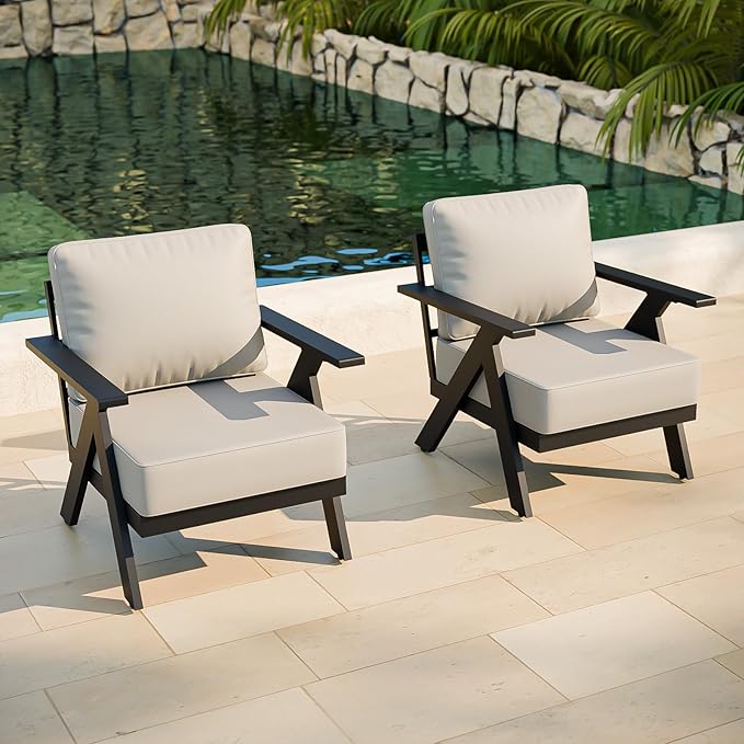 COOS BAY Iron Luxe Modern Outdoor Patio Chairs Set of 2, Lounge Accent Chairs for Backyard, Deck, Porch, Garden, Black/Beige