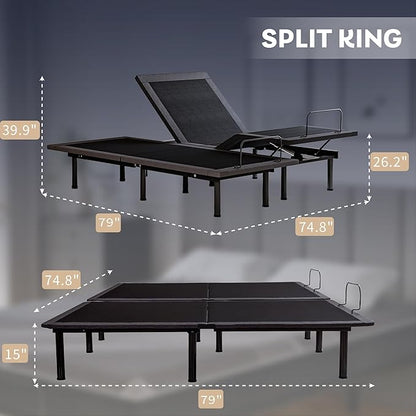 Split King Adjustable Bed Frame with 14 inch Gel Memory Foam Mattress, CertiPUR-US Certified Fiberglass Free, Zero Gravity & Wireless Remote, Head & Foot Incline, 80"×76"