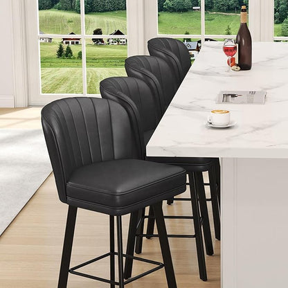 Swivel Counter Height Bar Stools Set of 4, 30'' Modern Barstools with Backs and Metal Legs, Upholstered Bar Chairs, Faux Leather Black Stools for Kitchen Island Chairs