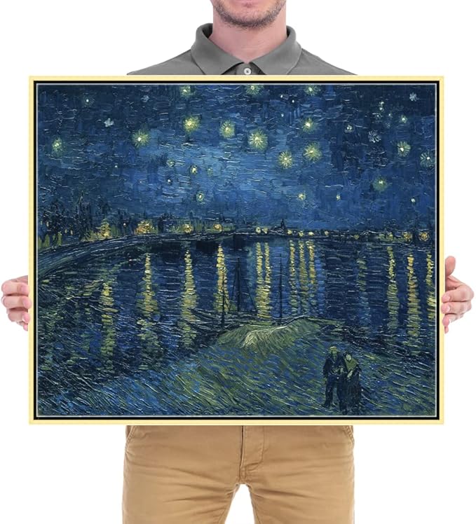 Wieco Art Gold Framed Art Starry Night Over The Rhone Canvas Prints Wall Art by Van Gogh Paintings Reproduction Canvas Prints Abstract Artwork for Living Room Wall Decor