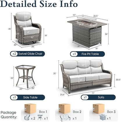 Belord Luxury 6" Thick Cushioned 5 Pieces Patio Furniture Set with Fire Pit Table, Wicker Outdoor Conversation Set with High Back Swivel Rocker Chairs for Deck Porch Yard and Poolside - Grey+Beige