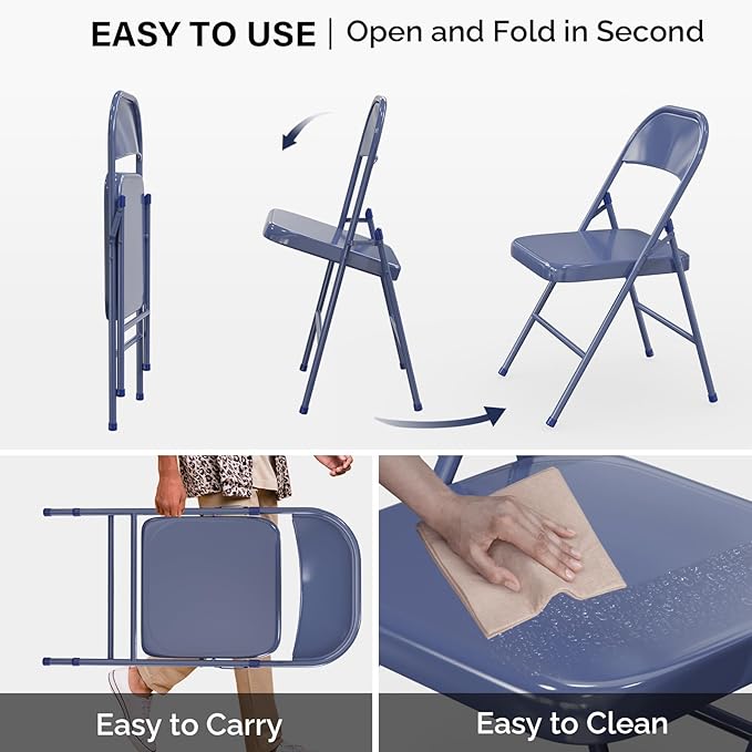 VINGLI Folding Chairs All Steel Metal Frame, Capacity 350 lbs, Durable Portable and Versatile for Indoor Outdoor Use, Darkblue, Set of 4