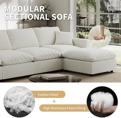 Modern Sectional Linen Couch for Living Room U-Shape Sofas,6 Seat Modular Cloud Sofas,Couches Cushion Covers Removable,Cozy Feather Down Sofa for Apartment Cream White