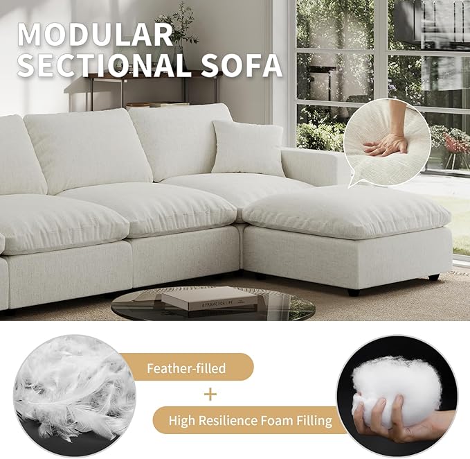 Modern Sectional Linen Couch for Living Room V-Shape Sofas,6 Seat Modular Cloud Sofas with Ottoman,Couches Cushion Covers Removable,Cozy Feather Down Sofa for Apartment Cream White