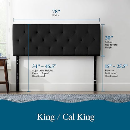 Lucid Mid-Rise Upholstered Headboard - Diamond Tufted - Padded Polyester - Adjustable Height from 34” to 46” - Easy Assembly - Bed Frame or Wall Mount - Sturdy - Black - King / Cal King Size