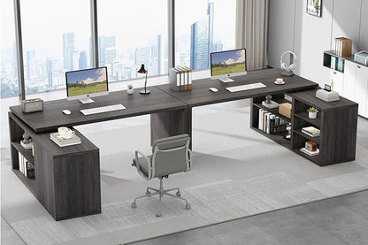 HSH L Shaped Computer Desk, Rustic Wood Corner Desk, Industrial Writing Workstation Table with Cabinet Drawer Storage for Home Office Study, Grey 55 inch