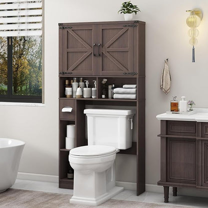 Vabches Over The Toilet Storage Cabinet, Farmhouse Storage Cabinet Over Toilet with Barn Doors & Toilet Paper Holder Stand，Home Space-Saving Toilet Rack, for Laundry, Bathroom, Restroom(Espresso).