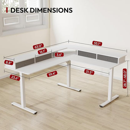 SANODESK 63" L Shaped Standing Desk with 3 Drawers, Height Adjustable Stand up Desk, Corner Gaming Desk with Monitor Stand, White Frame/White Top