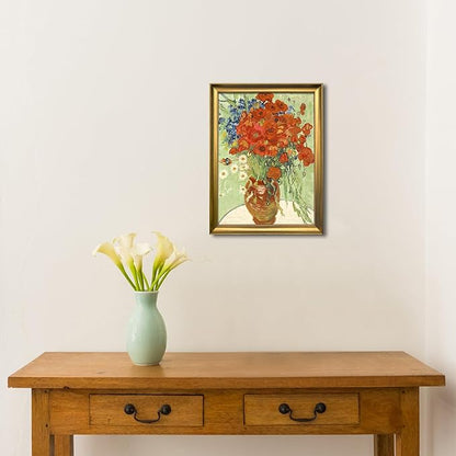 Wieco Art Framed Wall Art Canvas Prints of Red Poppies and Daisies Canvas Wall Art of Van Gogh Paintings Reproduction Abstract Artwork for Wall Decor Bronze Gold Frame