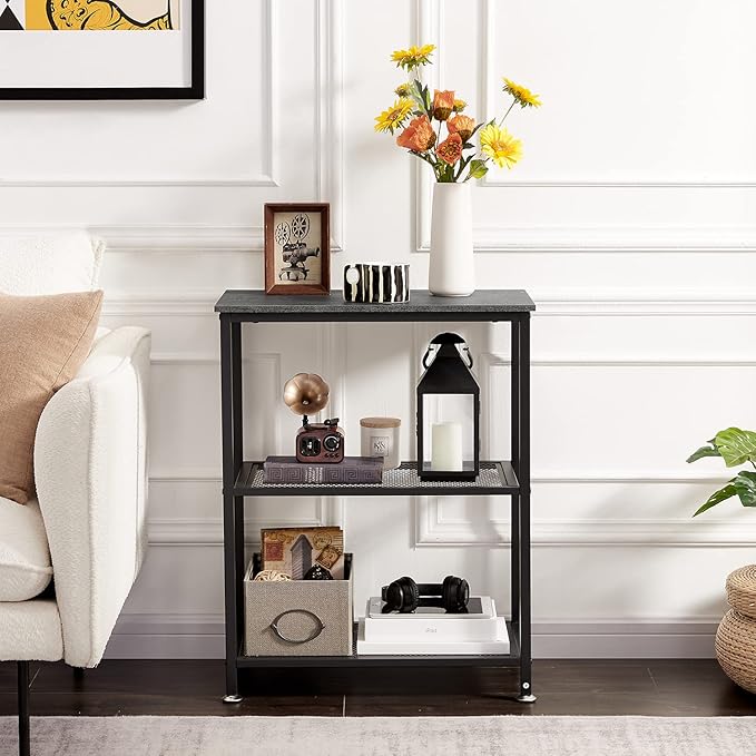 VECELO Tall End Side Tables, 30" Height Nightstand with 3-Tier Storage Shelf for Bedroom Living Room, Easy Assembly,Industrial Style, Carbon Grey